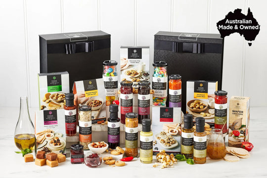 A selection of premium Australian-made gourmet products from Random Harvest Gourmet, including gift hampers, condiments, and sweet treats, beautifully displayed for Christmas gifting. Perfect for Sutherland Shire and Sydney shoppers.