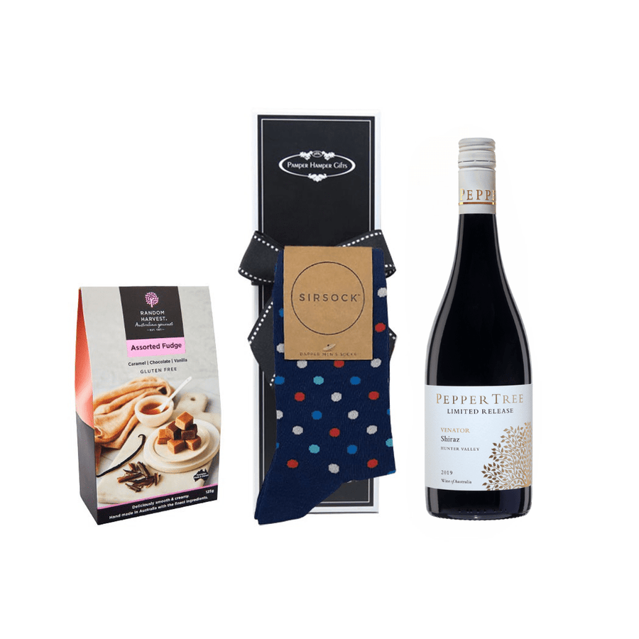 Random Harvest Wine Hamper SirSock Red Wine & Gourmet Fudge Hamper