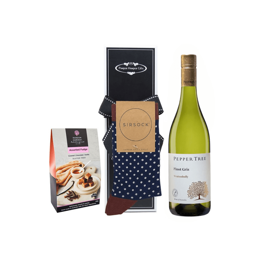 Random Harvest Wine Hamper SirSock White Wine & Gourmet Fudge Hamper